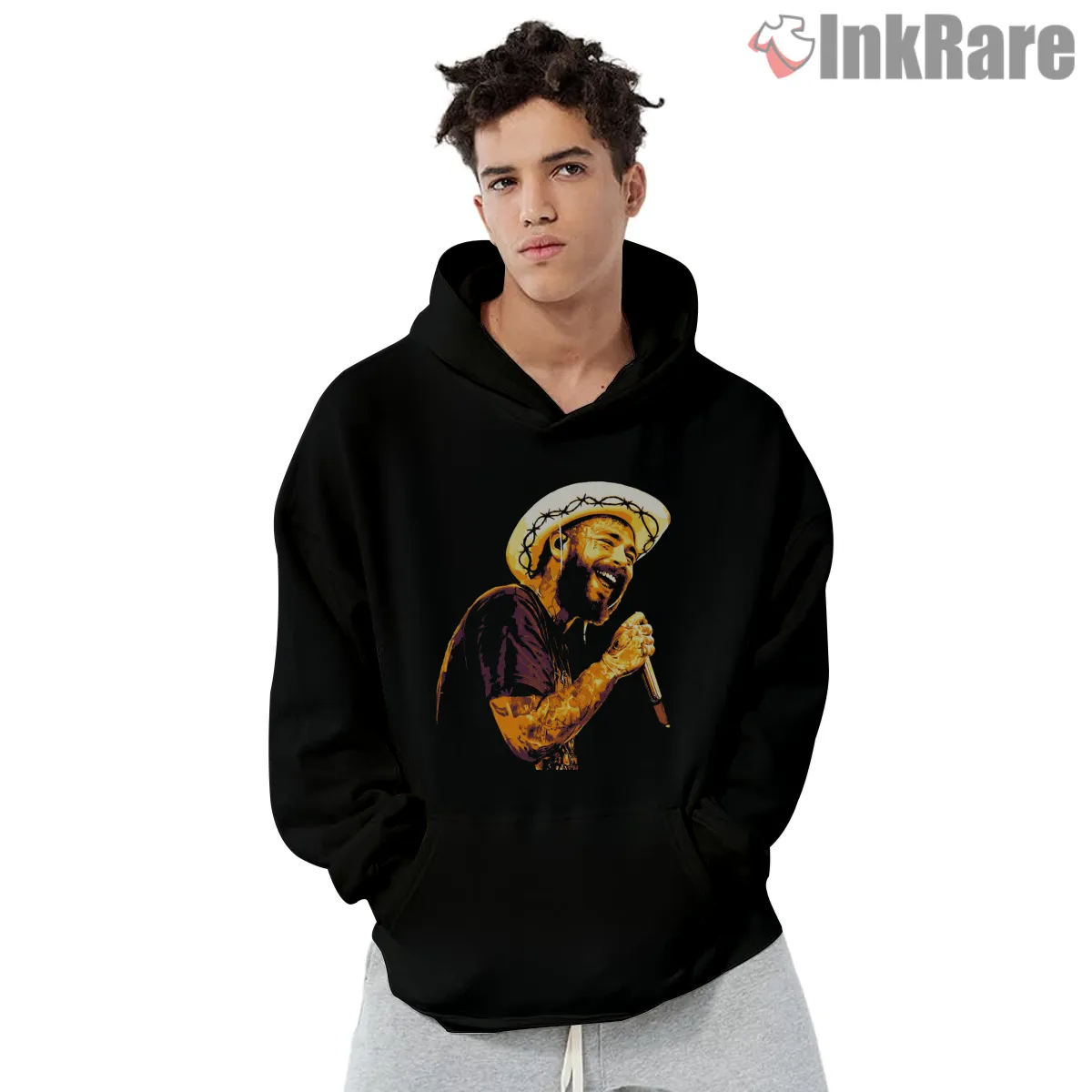 Post Malone Golden Cowboy Mic Hoodie Black Post Malone Golden Cowboy Mic Shirt on black hoodie for men graphic tee