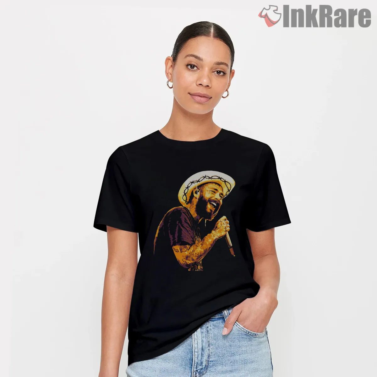 Post Malone Golden Cowboy Mic Short Sleeve Black Post Malone Golden Cowboy Mic Shirt on black short sleeve shirt for women graphic tee