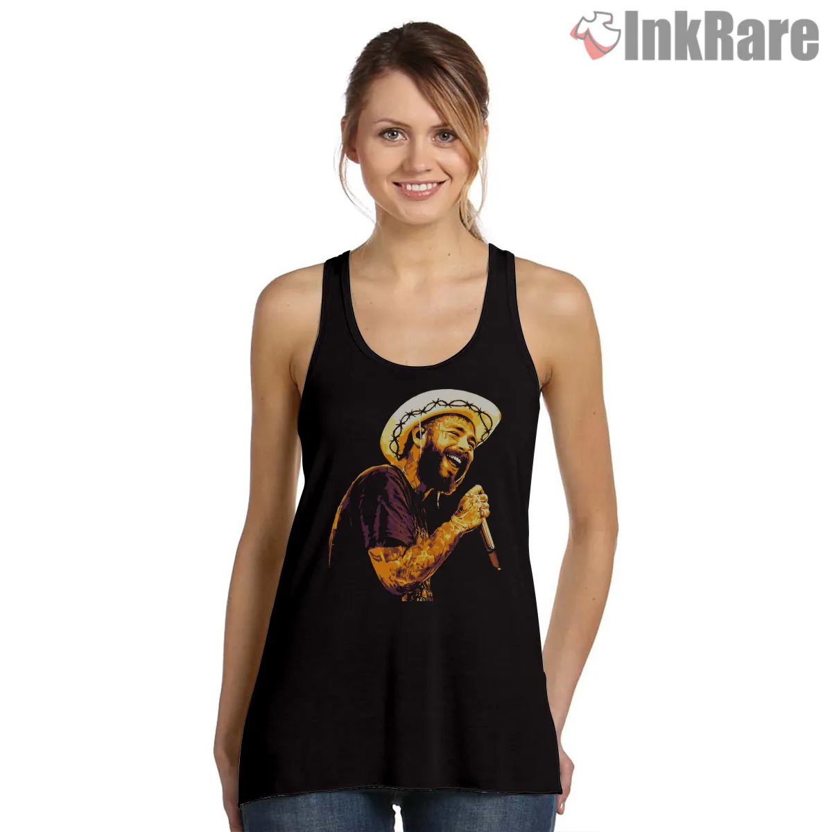 Post Malone Golden Cowboy Mic Tank Top Black Post Malone Golden Cowboy Mic Shirt on black tank top for women graphic tee