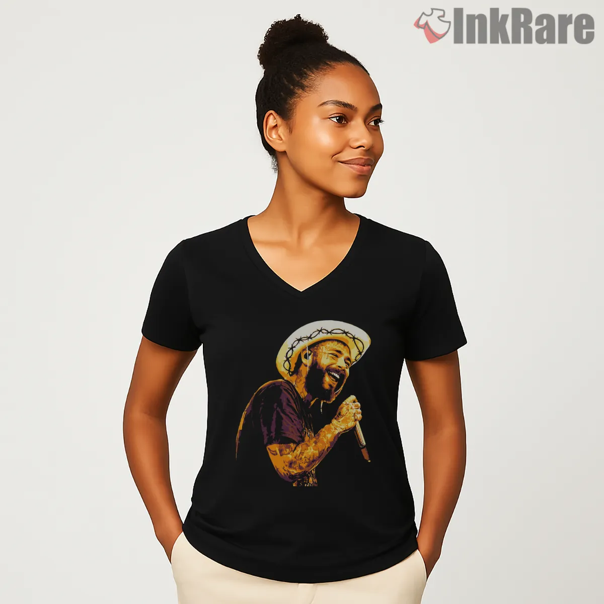 Post Malone Golden Cowboy Mic V Neck Black Post Malone Golden Cowboy Mic Shirt on black v-neck shirt for women graphic tee