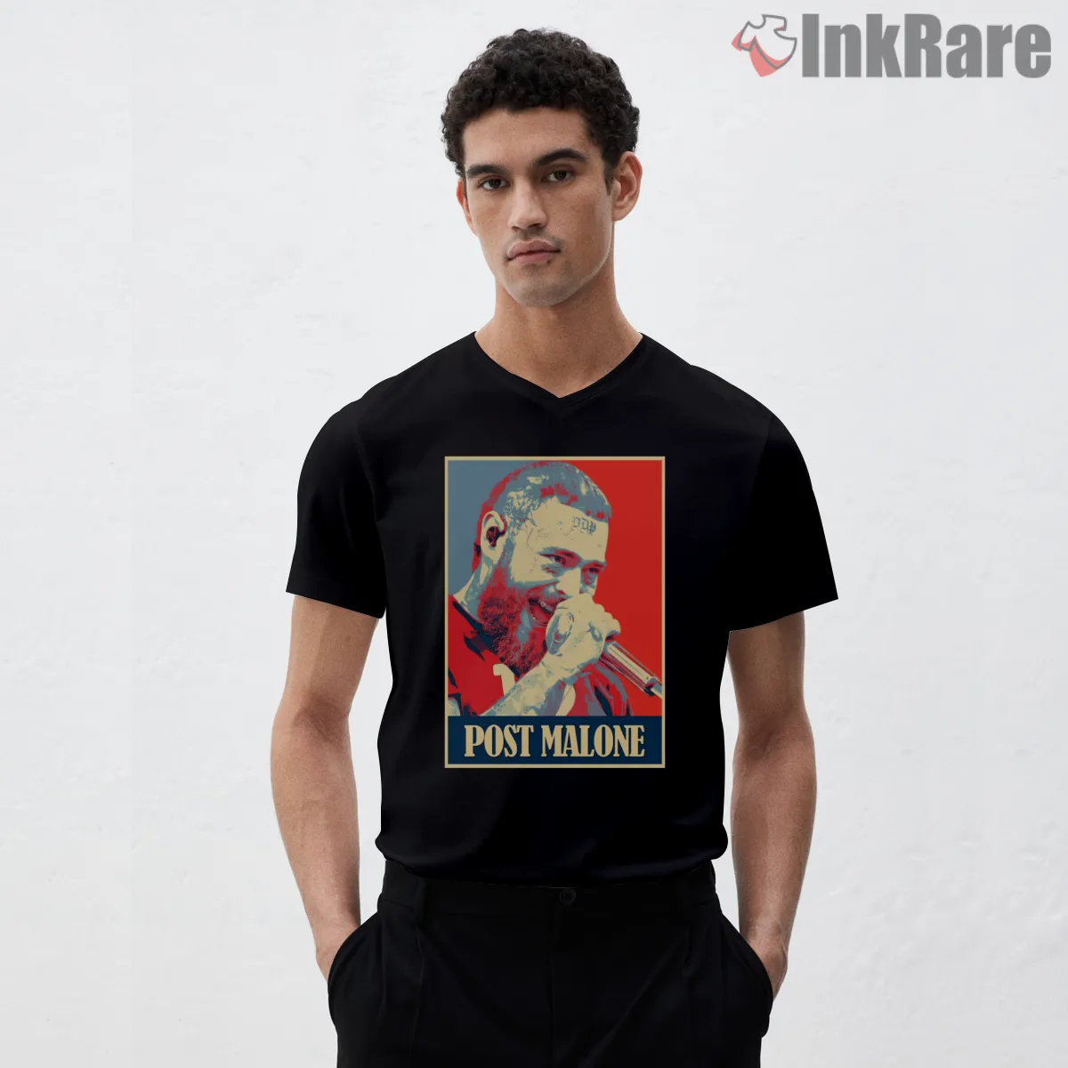 Post Malone Golden Era Portrait V Neck Black Post Malone Golden Era Portrait Shirt on black v-neck shirt for men graphic tee