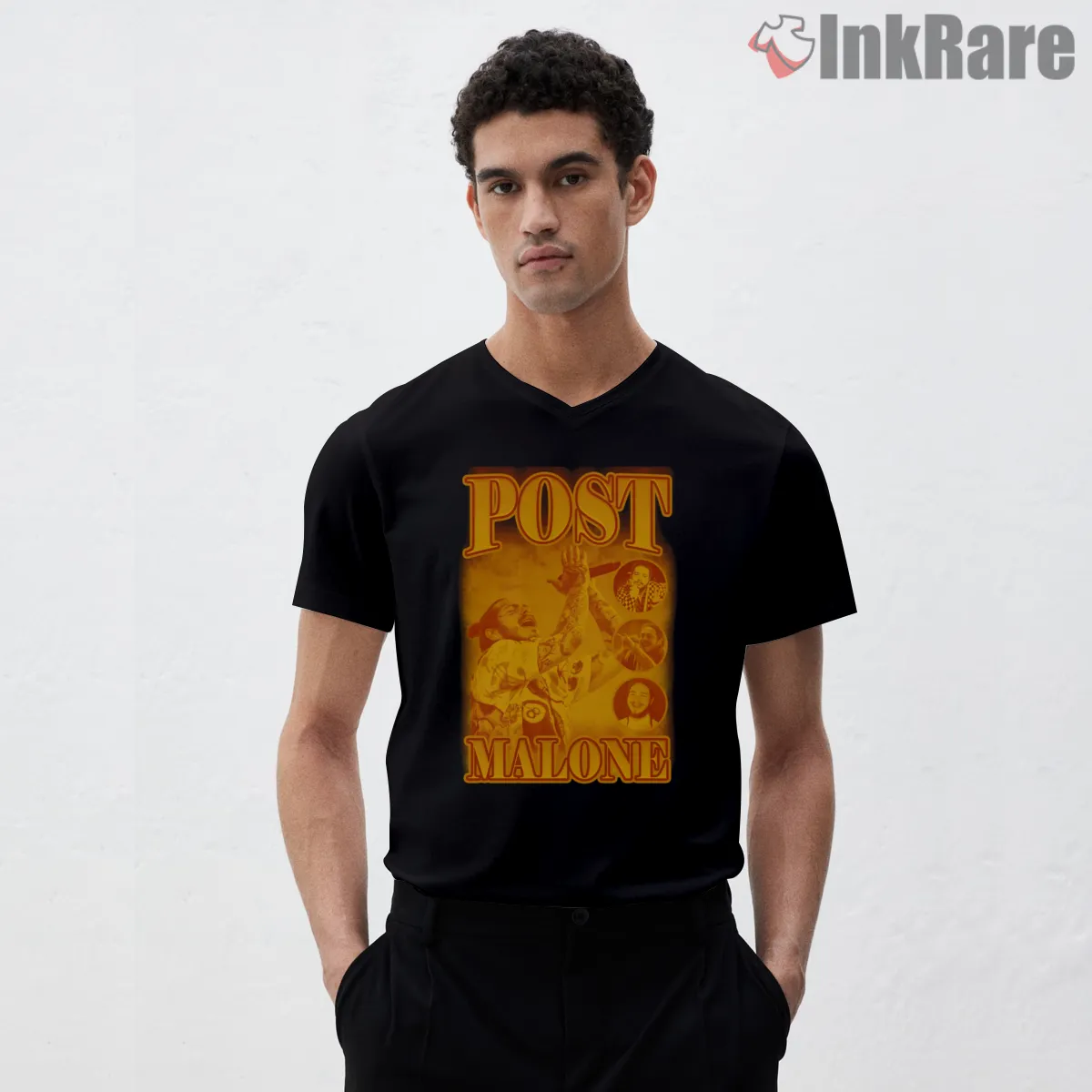 Post Malone Golden Stage Glow V Neck Black Post Malone Golden Stage Glow Shirt on black v-neck shirt for men graphic tee