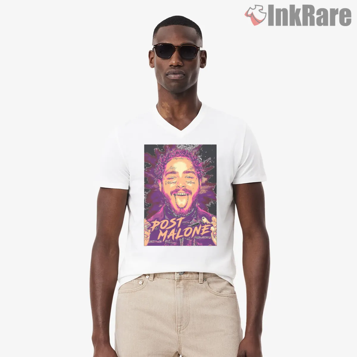 Post Malone Graffiti Tongue Out Portrait V Neck White Post Malone Graffiti Tongue Out Portrait Shirt on white v-neck shirt for men graphic tee