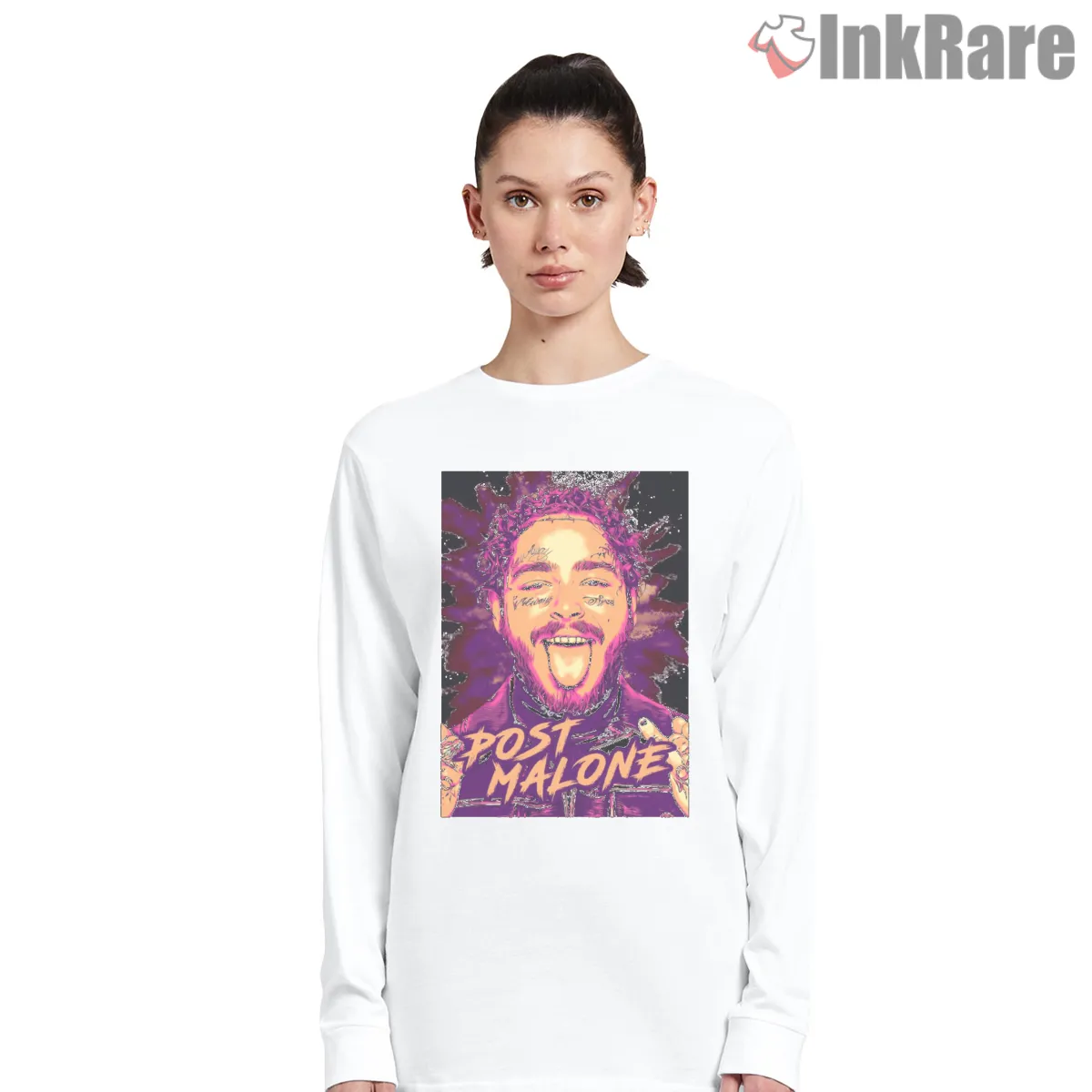 Post Malone Graffiti Tongue Out Portrait Long Sleeve White Post Malone Graffiti Tongue Out Portrait Shirt on white long sleeve shirt for women graphic tee