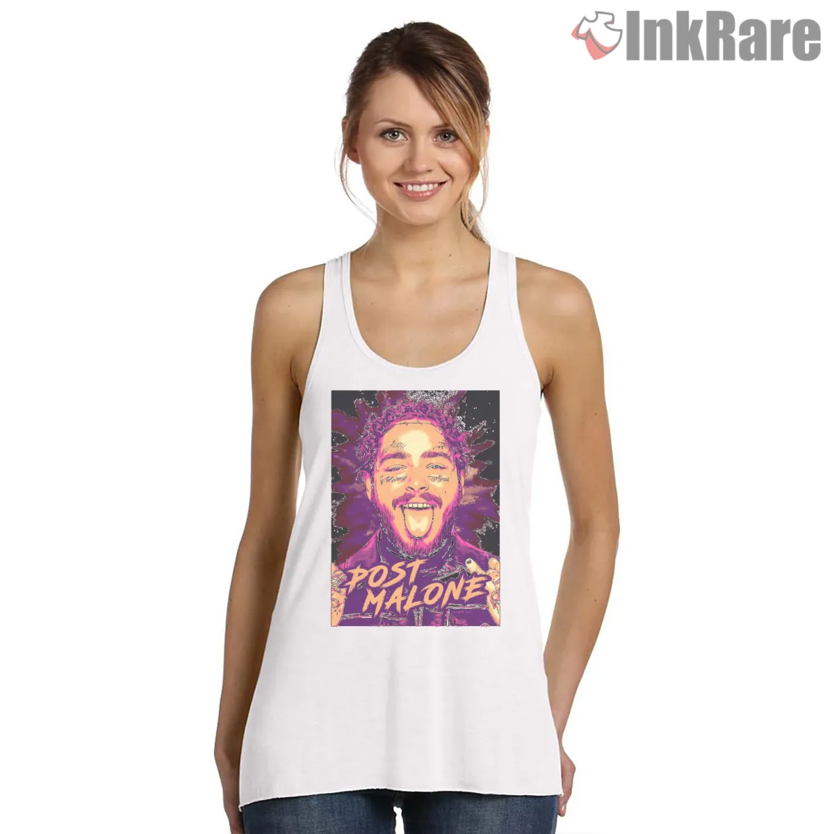 Post Malone Graffiti Tongue Out Portrait Tank Top White Post Malone Graffiti Tongue Out Portrait Shirt on white tank top for women graphic tee