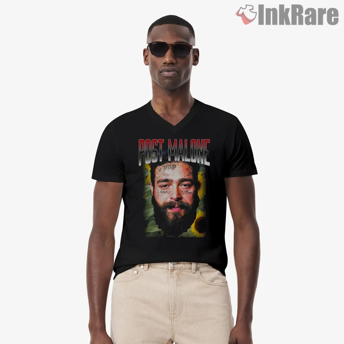Post Malone Gritty Closeup Street Portrait V Neck Black Post Malone Gritty Closeup Street Portrait Shirt on black v-neck shirt for men graphic tee
