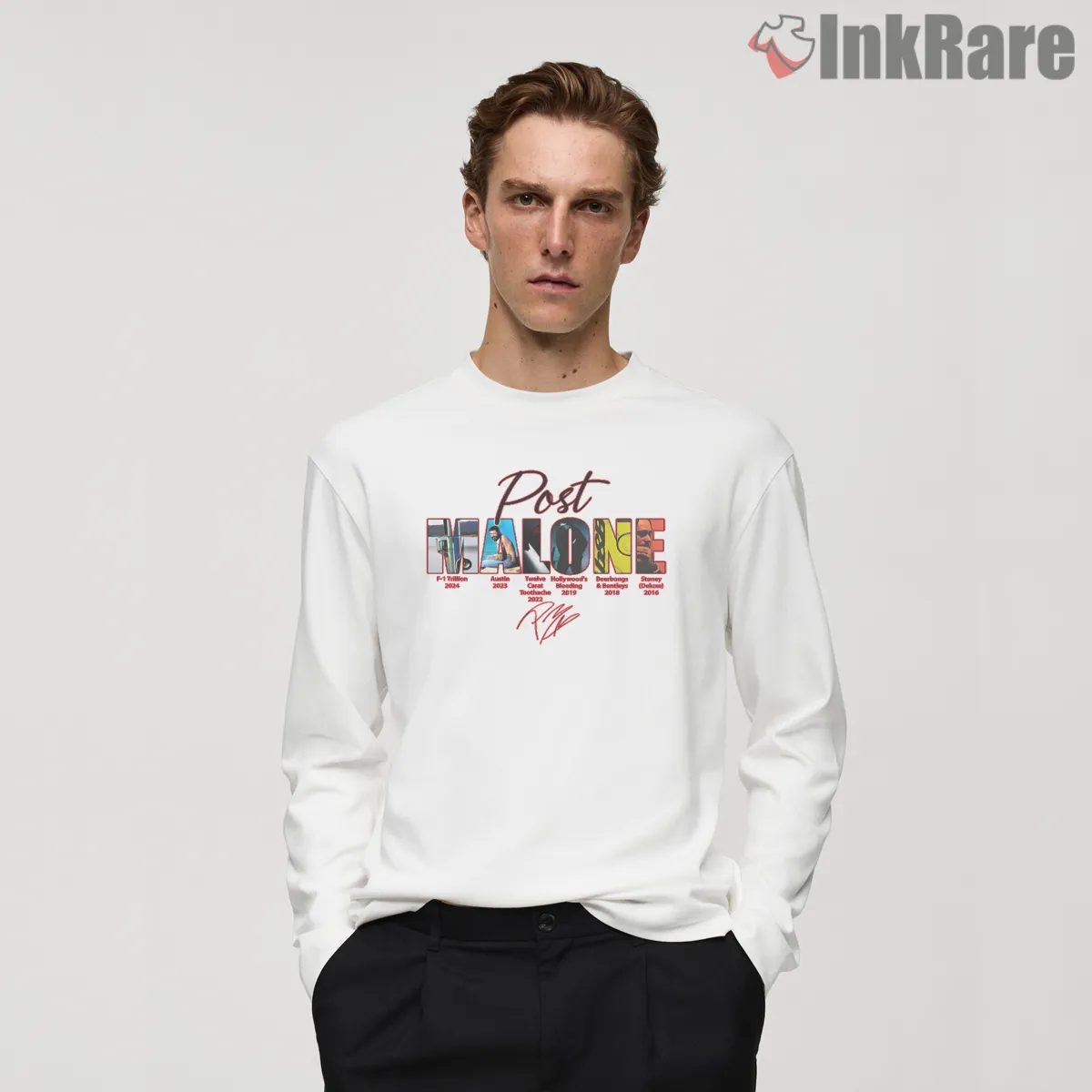 Post Malone Handwritten Tour Cities Typography Logo Long Sleeve White Post Malone Handwritten Tour Cities Typography Logo Shirt on white long sleeve shirt for men graphic tee