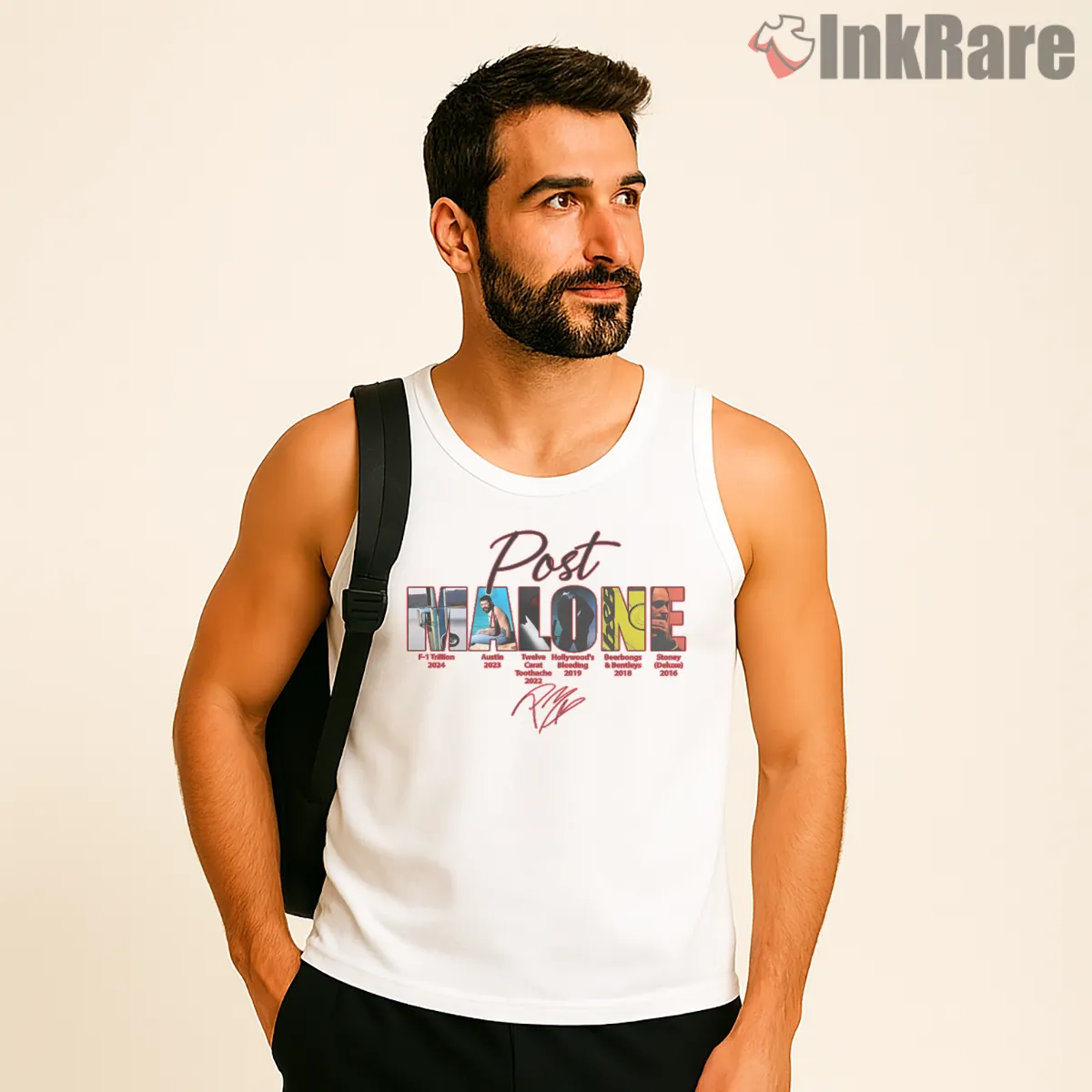 Post Malone Handwritten Tour Cities Typography Logo Tank Top White Post Malone Handwritten Tour Cities Typography Logo Shirt on white tank top for men graphic tee