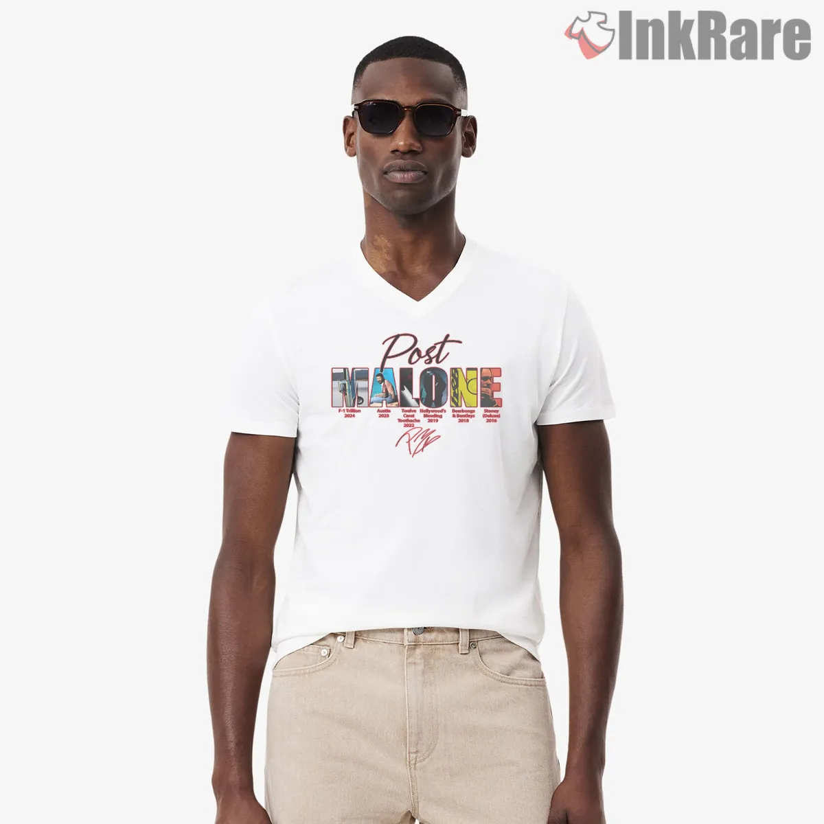 Post Malone Handwritten Tour Cities Typography Logo V Neck White Post Malone Handwritten Tour Cities Typography Logo Shirt on white v-neck shirt for men graphic tee