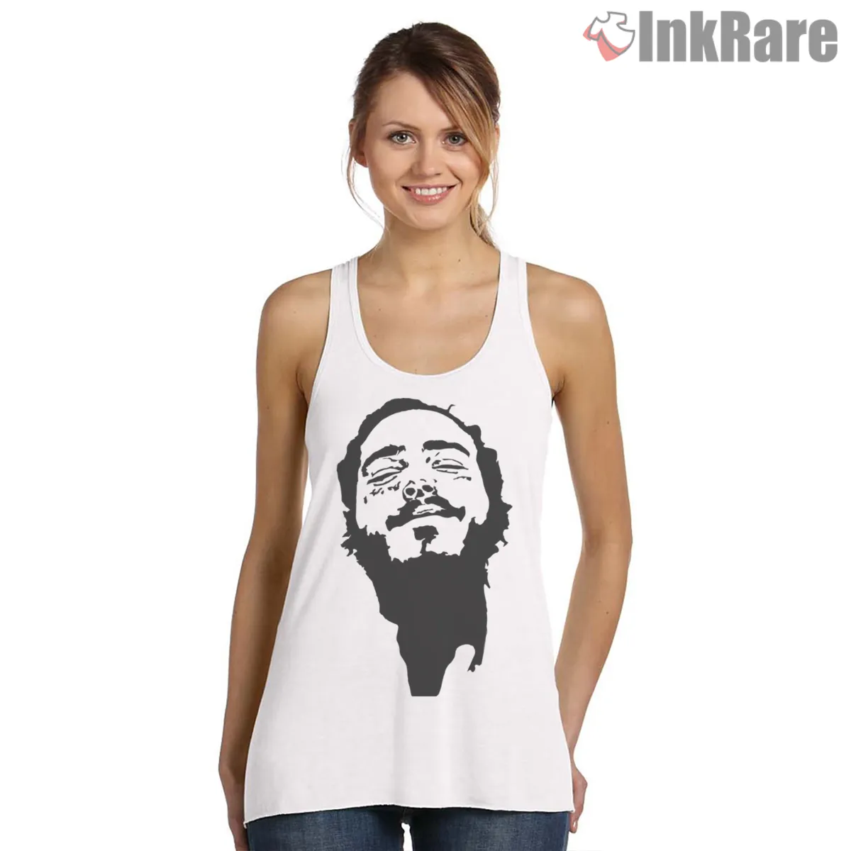 Post Malone High Contrast Silhouette Face Tank Top White Post Malone High Contrast Silhouette Face Shirt on white tank top for women graphic tee
