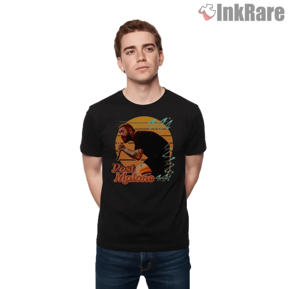 Post Malone Hip Hop Sunset Circle Graphic Shirt on black short sleeve shirt for men graphic tee