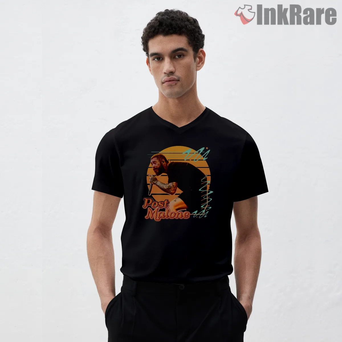 Post Malone Hip Hop Sunset Circle Graphic V Neck Black Post Malone Hip Hop Sunset Circle Graphic Shirt on black v-neck shirt for men graphic tee