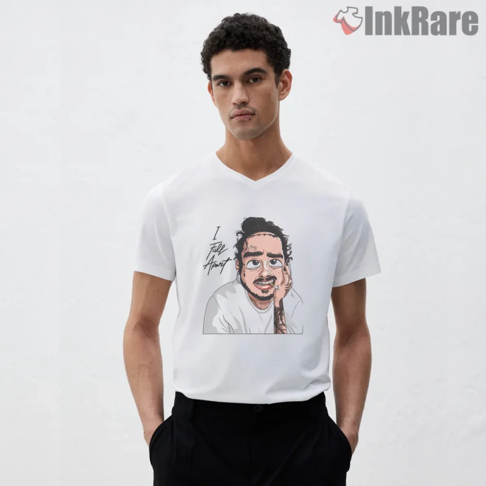 Post Malone I Fall Apart Cartoon Heartbreak Shirt on white v-neck shirt for men graphic tee