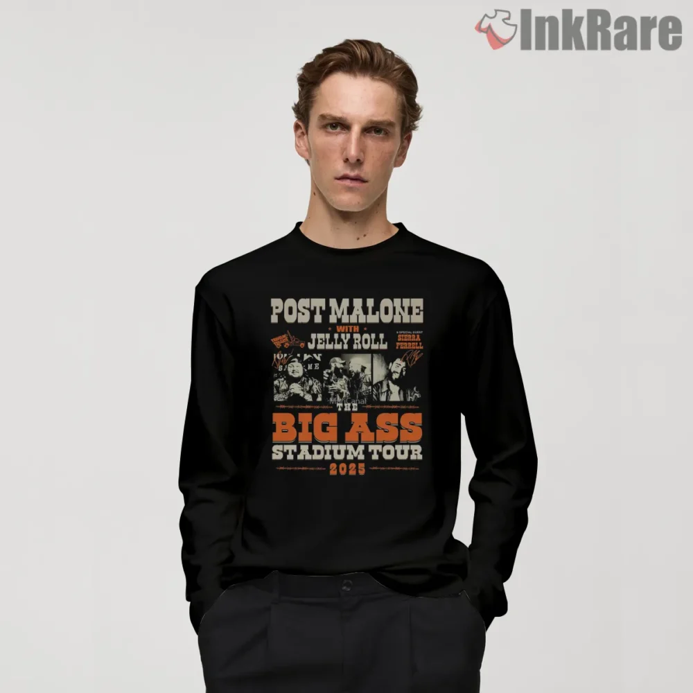 Post Malone Jelly Roll Big Ass Stadium Tour Poster Shirt on black long sleeve shirt for men graphic tee
