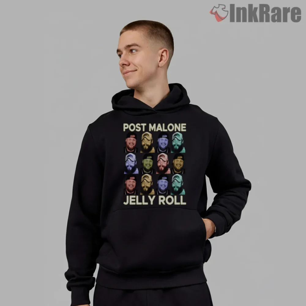 Post Malone Jelly Roll Retro Rap Collage Grid Shirt on black hoodie for men graphic tee