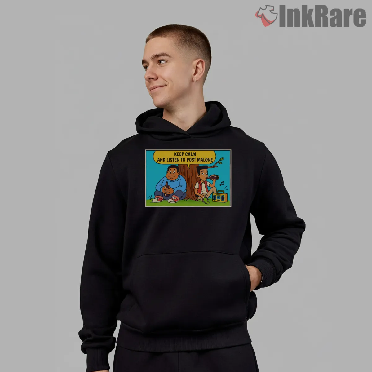 Post Malone Keep Calm Cartoon Listening Shirt on black hoodie for men graphic tee