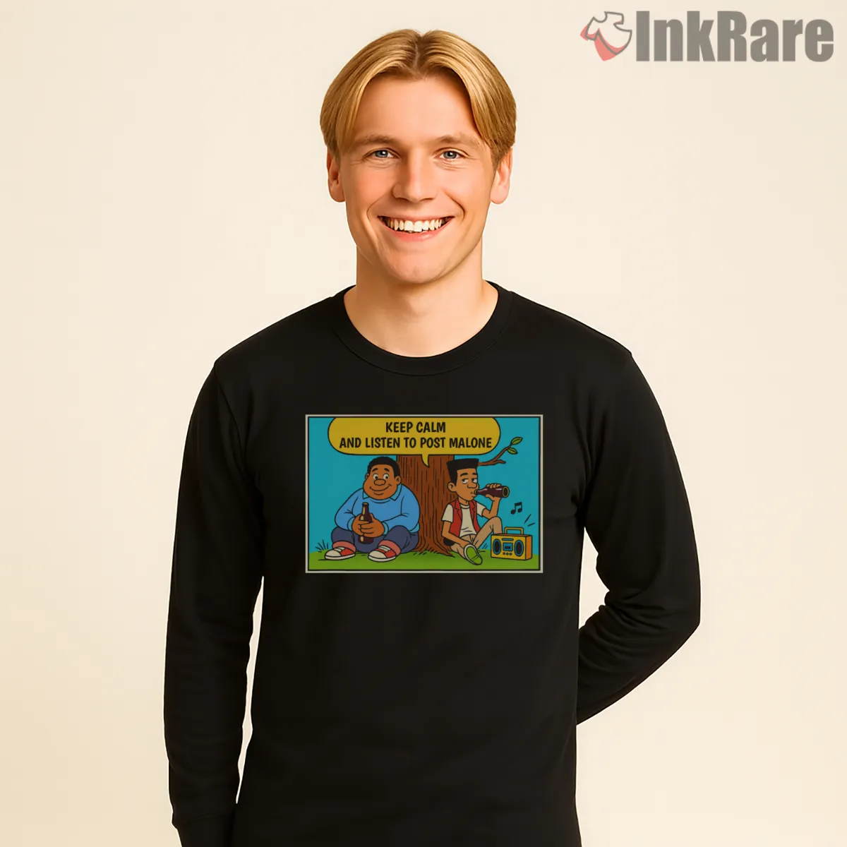 Post Malone Keep Calm Cartoon Listening Long Sleeve Black Post Malone Keep Calm Cartoon Listening Shirt on black long sleeve shirt for men graphic tee