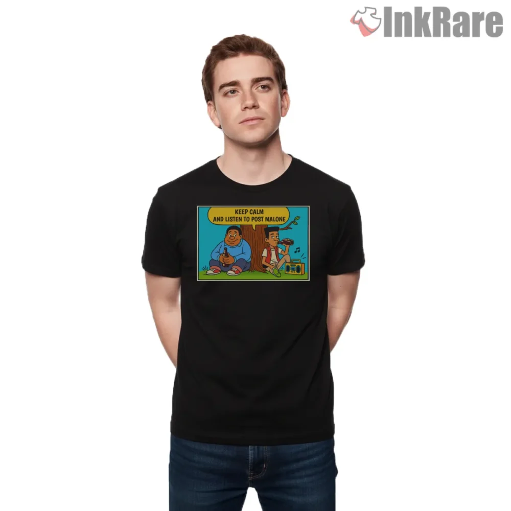 Post Malone Keep Calm Cartoon Listening Shirt on black short sleeve shirt for men graphic tee