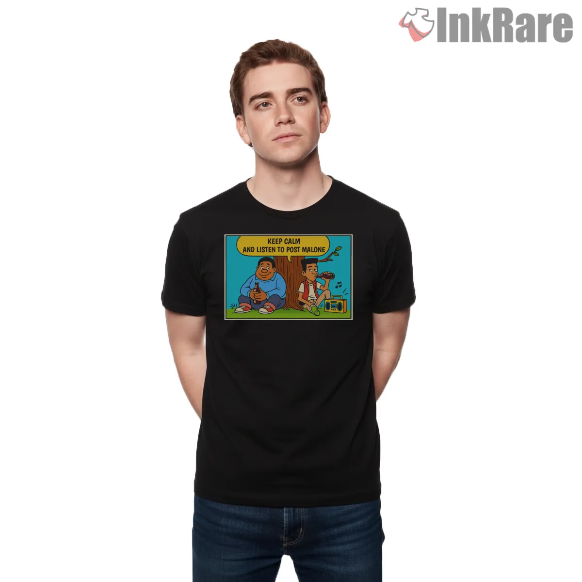 Post Malone Keep Calm Cartoon Listening Short Sleeve Black Post Malone Keep Calm Cartoon Listening Shirt on black short sleeve shirt for men graphic tee