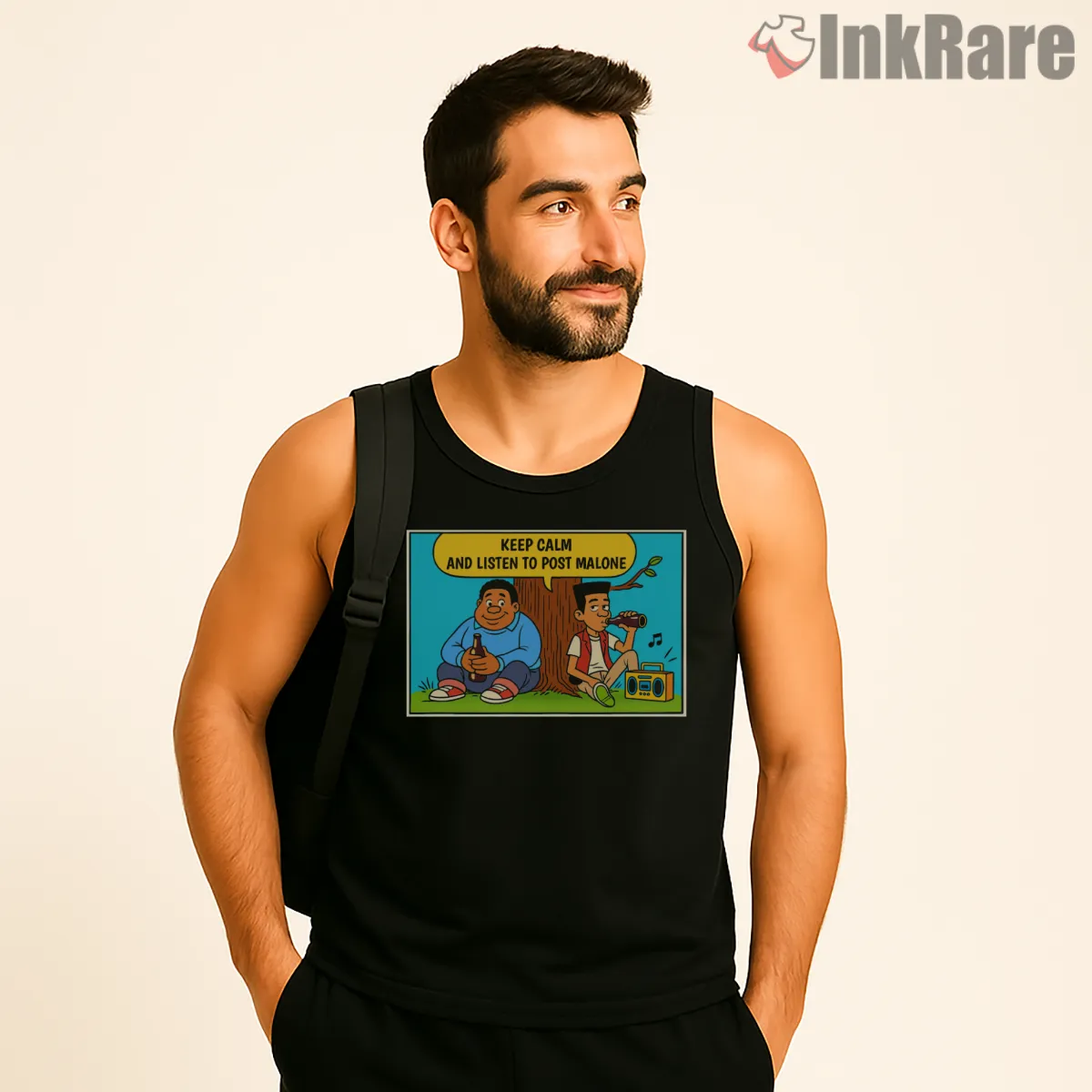 Post Malone Keep Calm Cartoon Listening Tank Top Black Post Malone Keep Calm Cartoon Listening Shirt on black tank top for men graphic tee