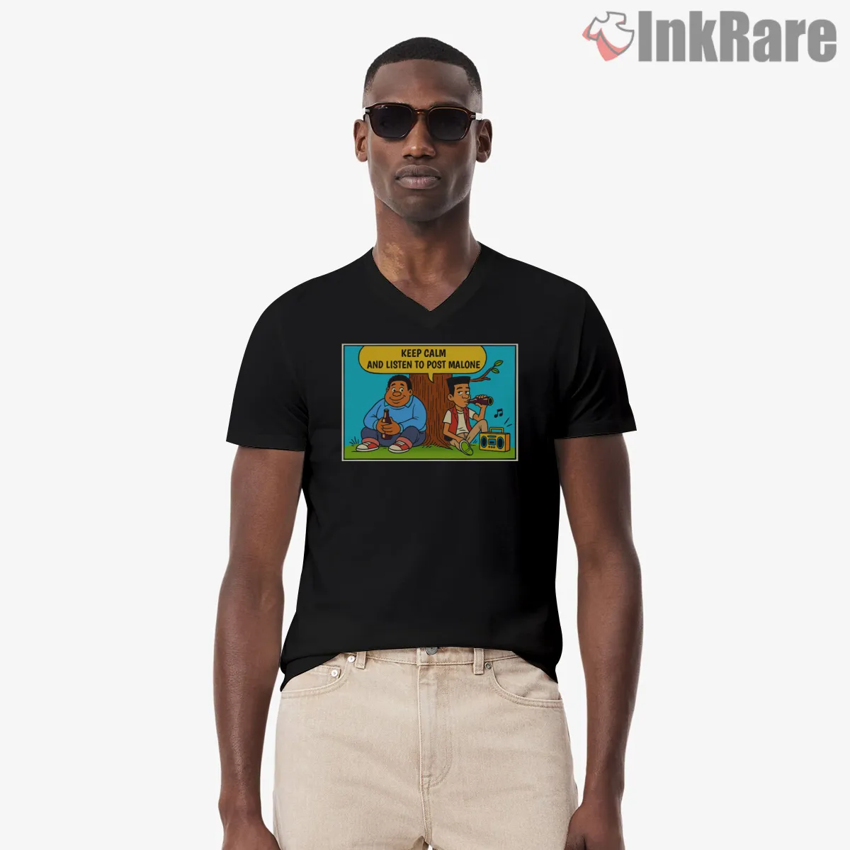 Post Malone Keep Calm Cartoon Listening V Neck Black Post Malone Keep Calm Cartoon Listening Shirt on black v-neck shirt for men graphic tee
