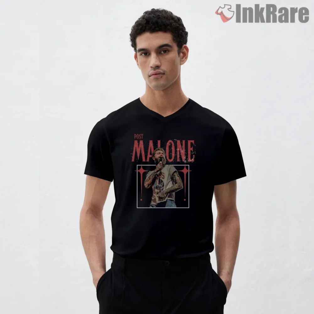 Post Malone Live Mic Crowd Energy Shirt on black v-neck shirt for men graphic tee
