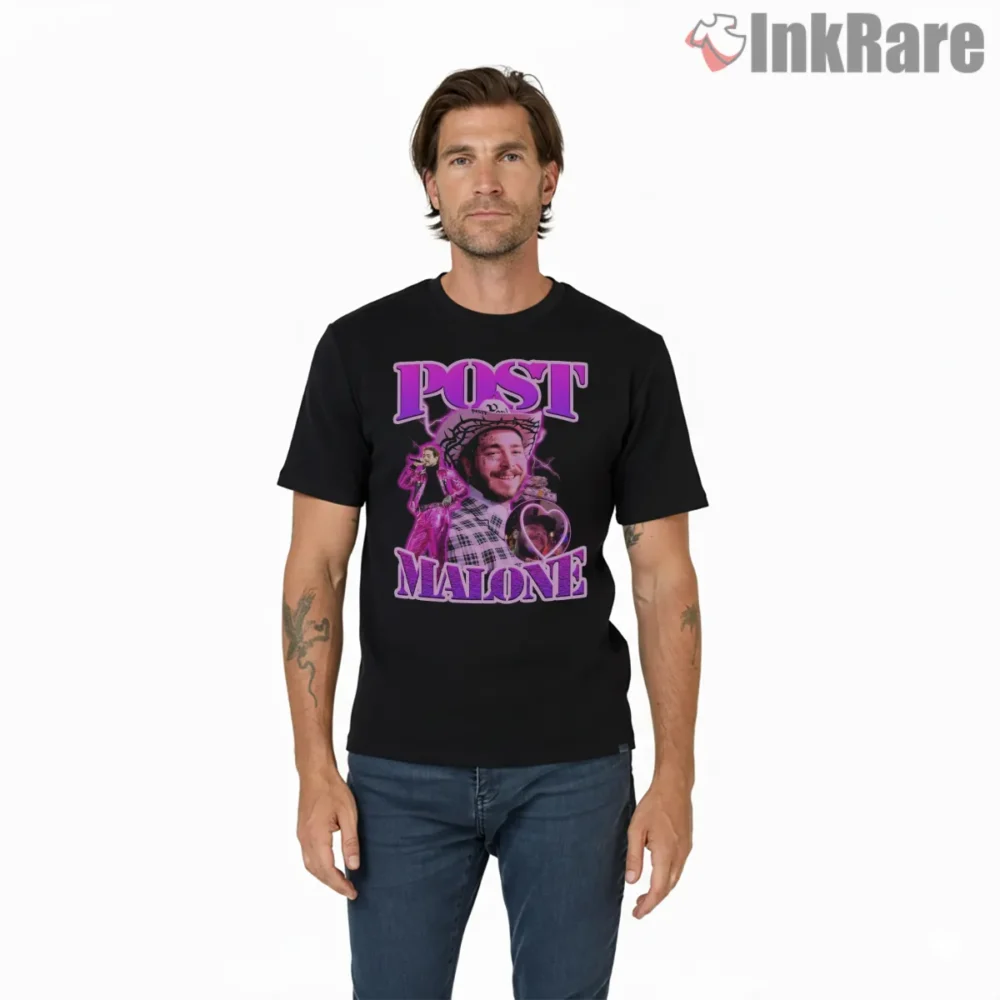 Post Malone Lovely Pink Cowboy Collage Fan Art Shirt on black short sleeve shirt for men graphic tee