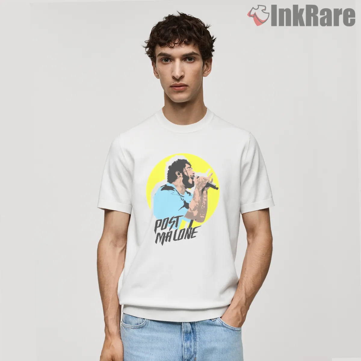 Post Malone Maestro Microphone Performance Short Sleeve White Post Malone Maestro Microphone Performance Shirt on white short sleeve shirt for men graphic tee