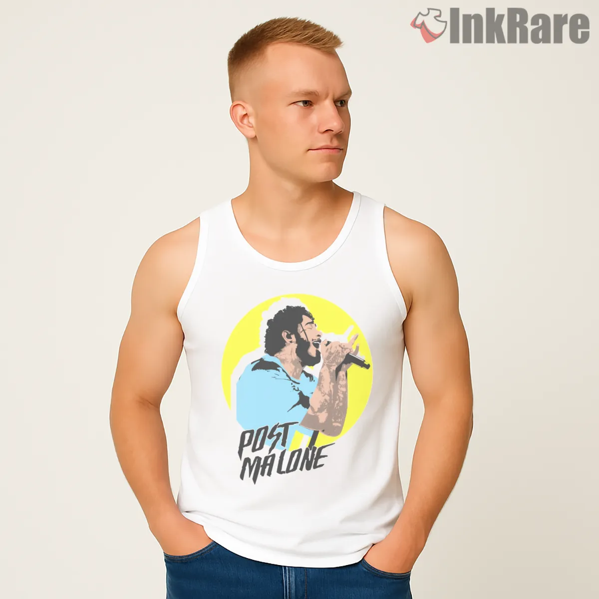 Post Malone Maestro Microphone Performance Tank Top White Post Malone Maestro Microphone Performance Shirt on white tank top for men graphic tee
