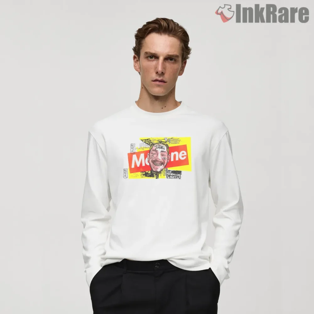 Post Malone Magazine Style Red Banner Portrait Shirt on white long sleeve shirt for men graphic tee