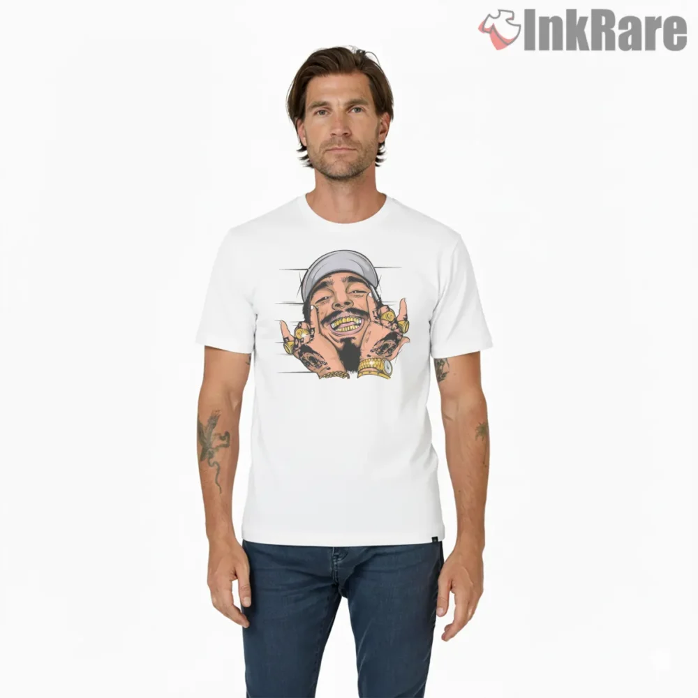 Post Malone Maverick Grin Cartoon Portrait Shirt on white short sleeve shirt for men graphic tee