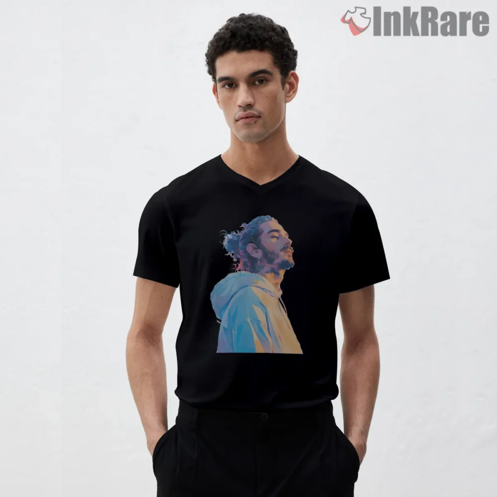 Post Malone Melodic Vibes Pastel Lights Portrait Shirt on black v-neck shirt for men graphic tee