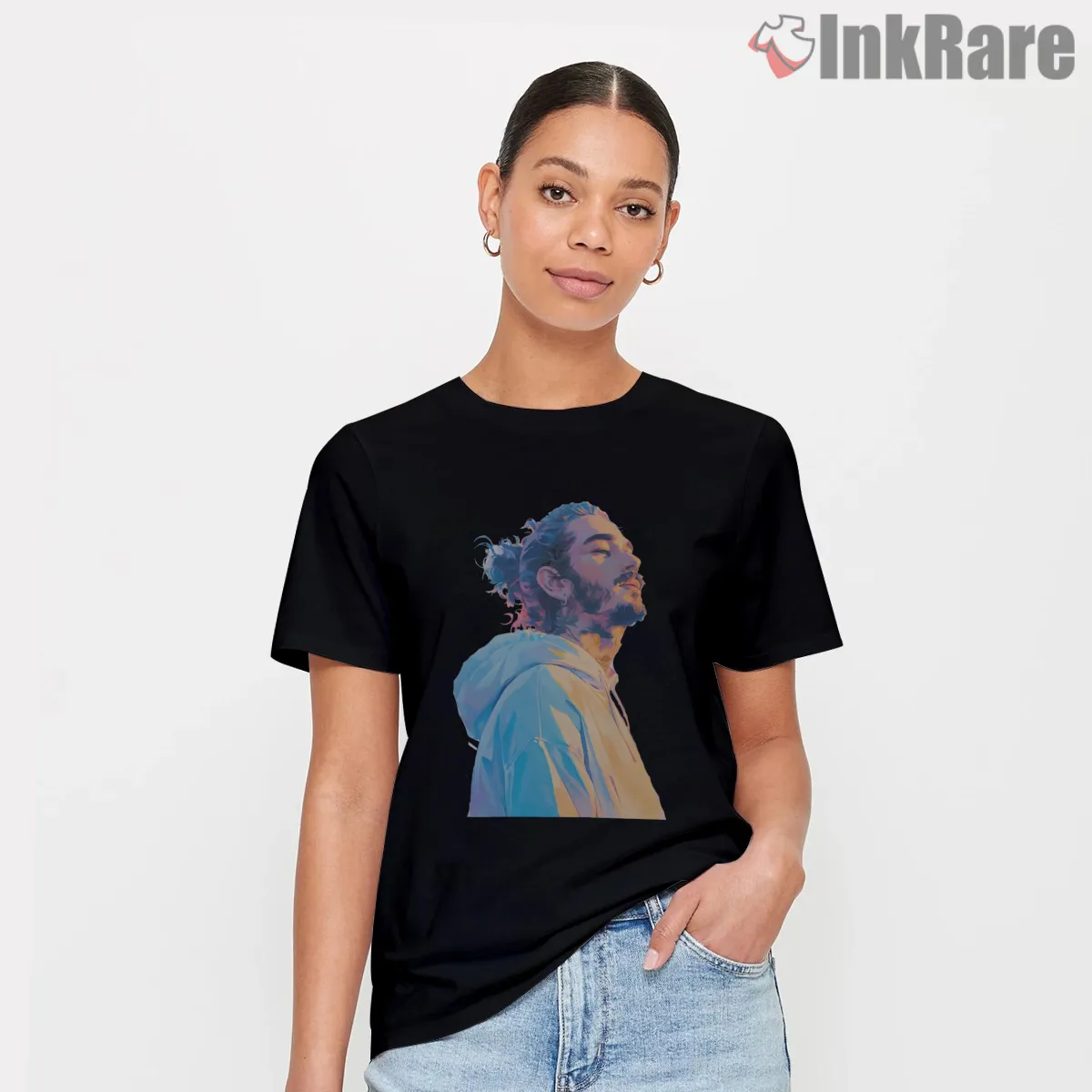 Post Malone Melodic Vibes Pastel Lights Portrait Short Sleeve Black Post Malone Melodic Vibes Pastel Lights Portrait Shirt on black short sleeve shirt for women graphic tee