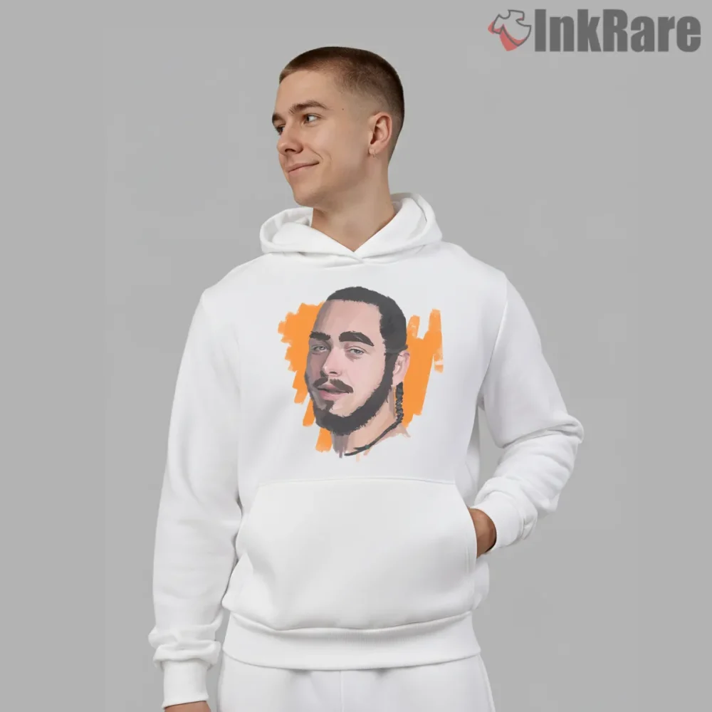 Post Malone Minimal Orange Brush Stroke Portrait Shirt on white hoodie for men graphic tee