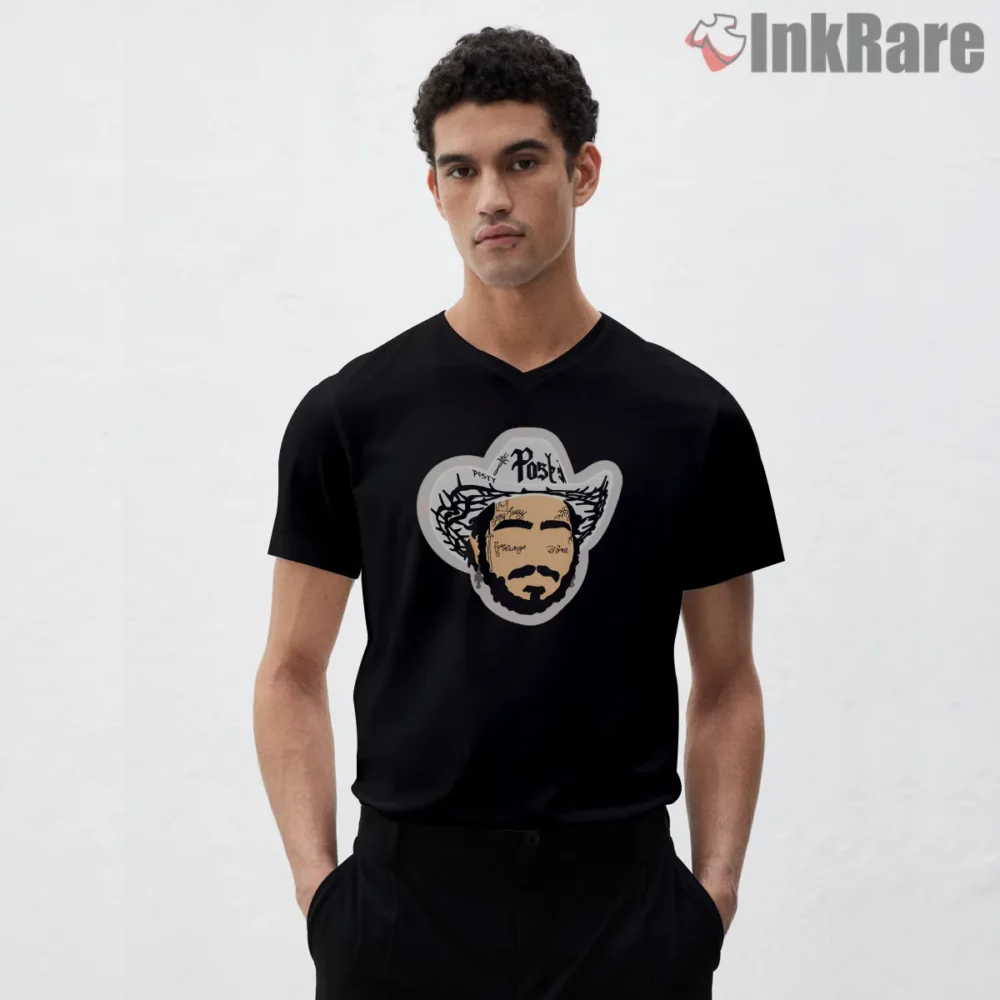 Post Malone Minimal Sticker Style Head Portrait Shirt on black v-neck shirt for men graphic tee