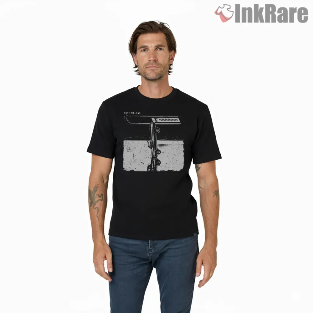 Post Malone Minimalist Mic Stand Black And White Shirt on black short sleeve shirt for men graphic tee