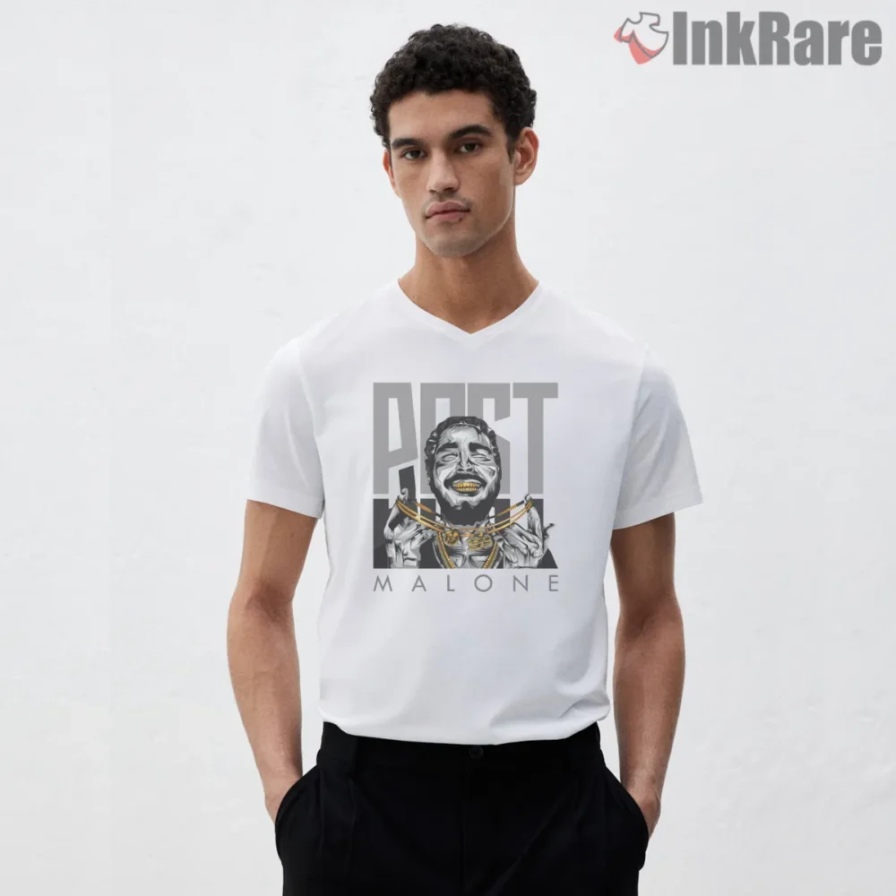 Post Malone Monochrome Gold Grin Portrait Shirt on white v-neck shirt for men graphic tee