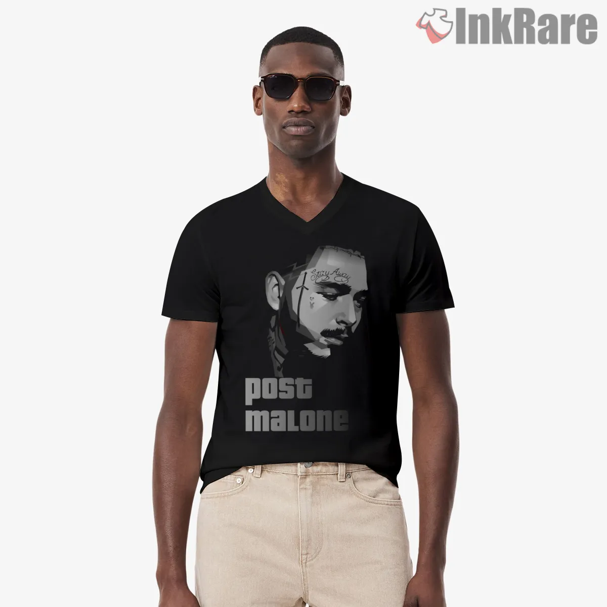 Post Malone Monochrome Pop Prodigy Portrait V Neck Black Post Malone Monochrome Pop Prodigy Portrait Shirt on black v-neck shirt for men graphic tee