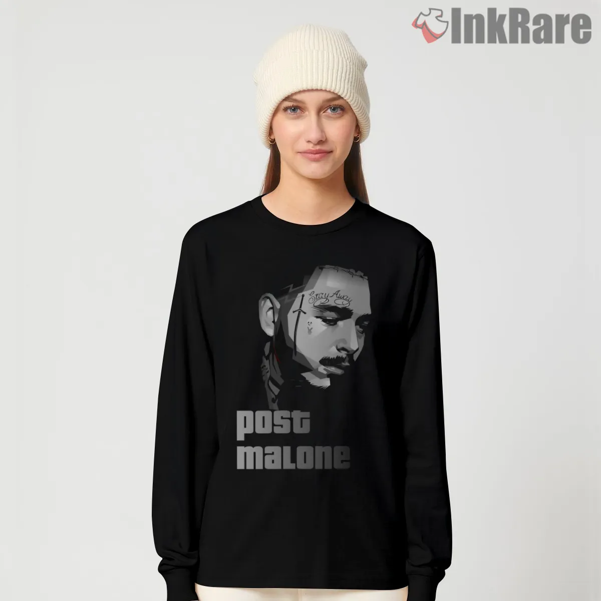 Post Malone Monochrome Pop Prodigy Portrait Long Sleeve Black Post Malone Monochrome Pop Prodigy Portrait Shirt on black long sleeve shirt for women graphic tee