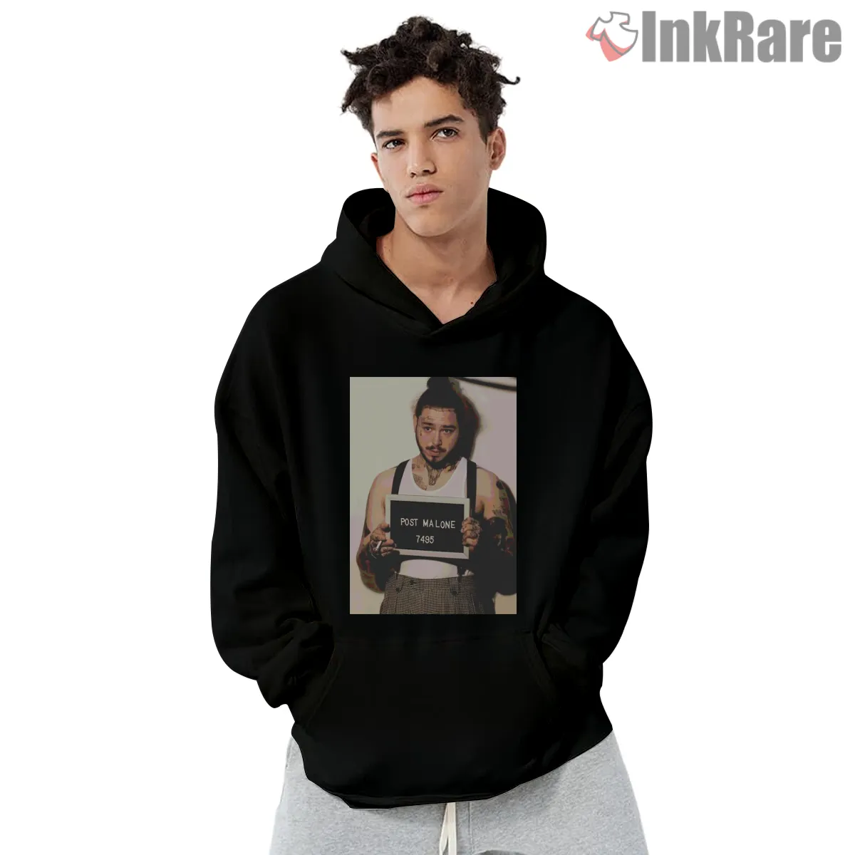Post Malone Mugshot Booking Number Graphic Shirt on black hoodie for men graphic tee