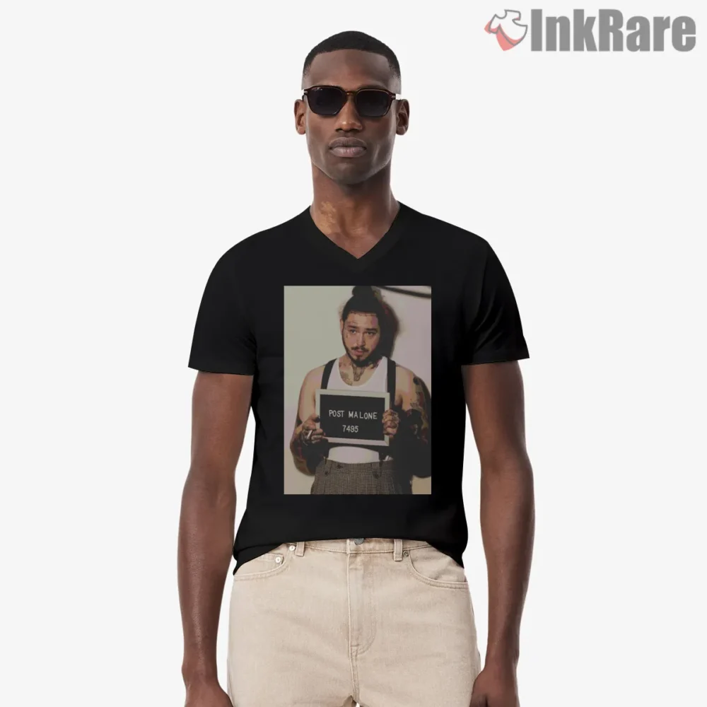 Post Malone Mugshot Booking Number Graphic Shirt on black v-neck shirt for men graphic tee