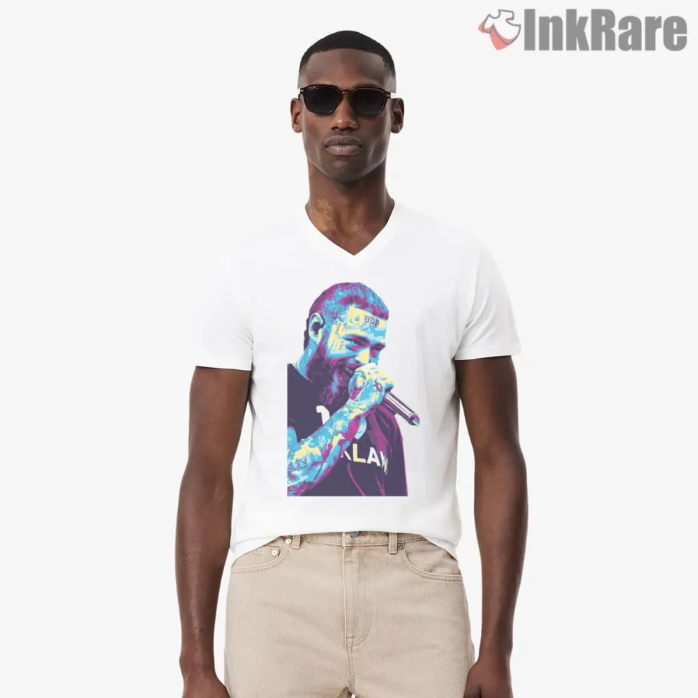 Post Malone Neon Blue Microphone Shirt on white v-neck shirt for men graphic tee