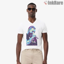 Post Malone Neon Blue Microphone Shirt on white v-neck shirt for men graphic tee