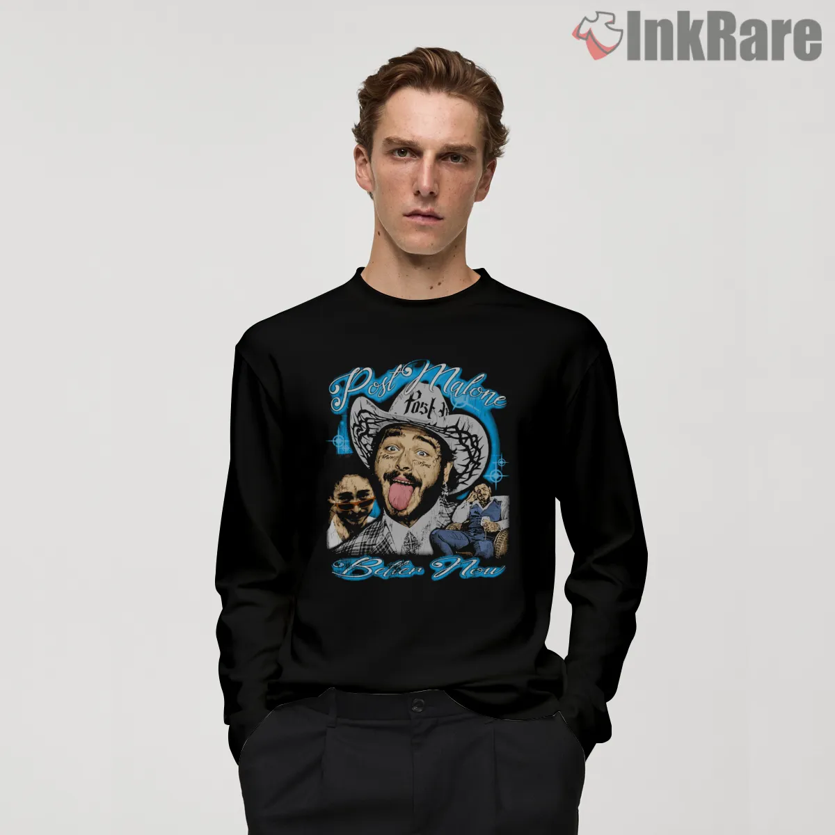 Post Malone Neon Eighties Bootleg Collage Long Sleeve Black Post Malone Neon Eighties Bootleg Collage Shirt on black long sleeve shirt for men graphic tee