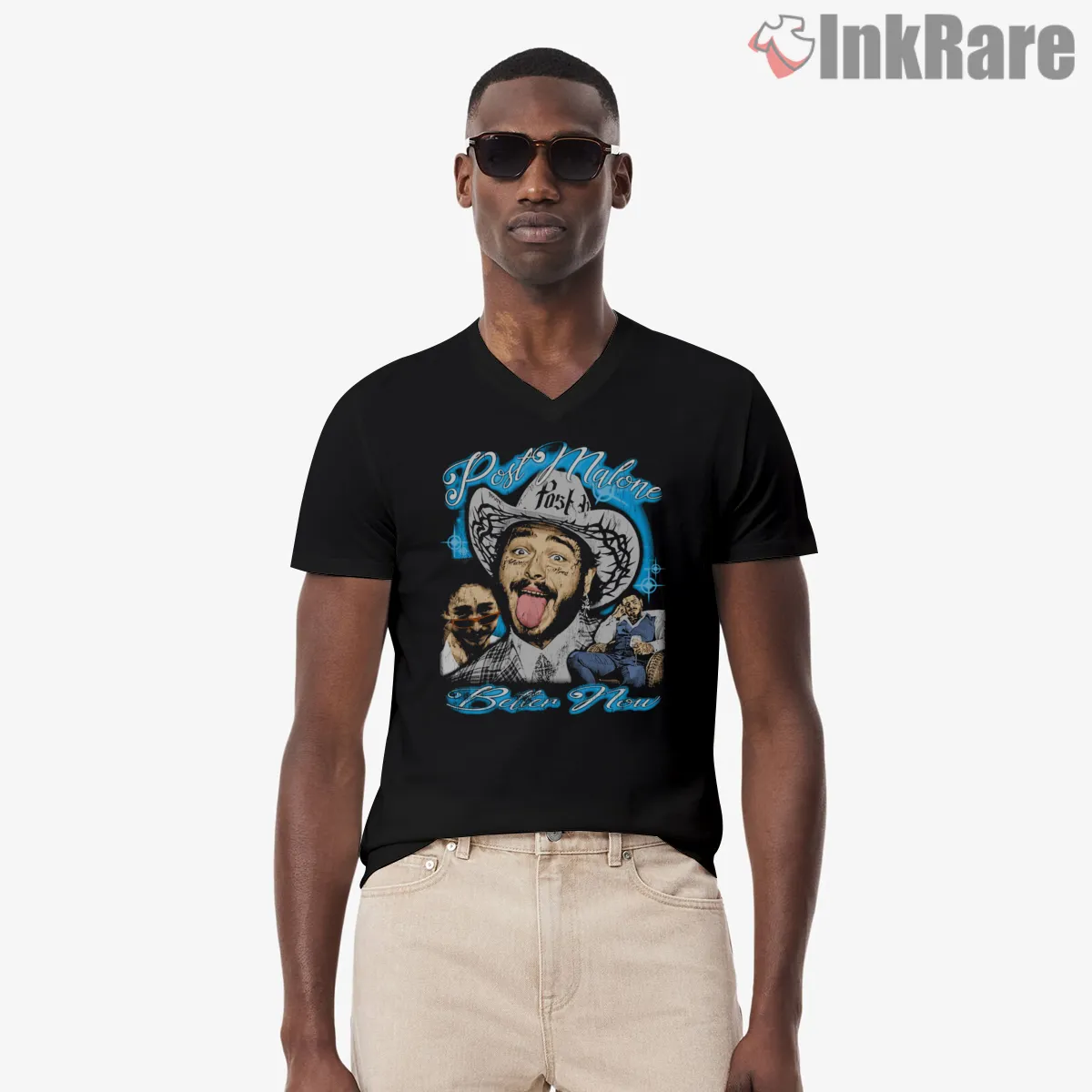Post Malone Neon Eighties Bootleg Collage V Neck Black Post Malone Neon Eighties Bootleg Collage Shirt on black v-neck shirt for men graphic tee