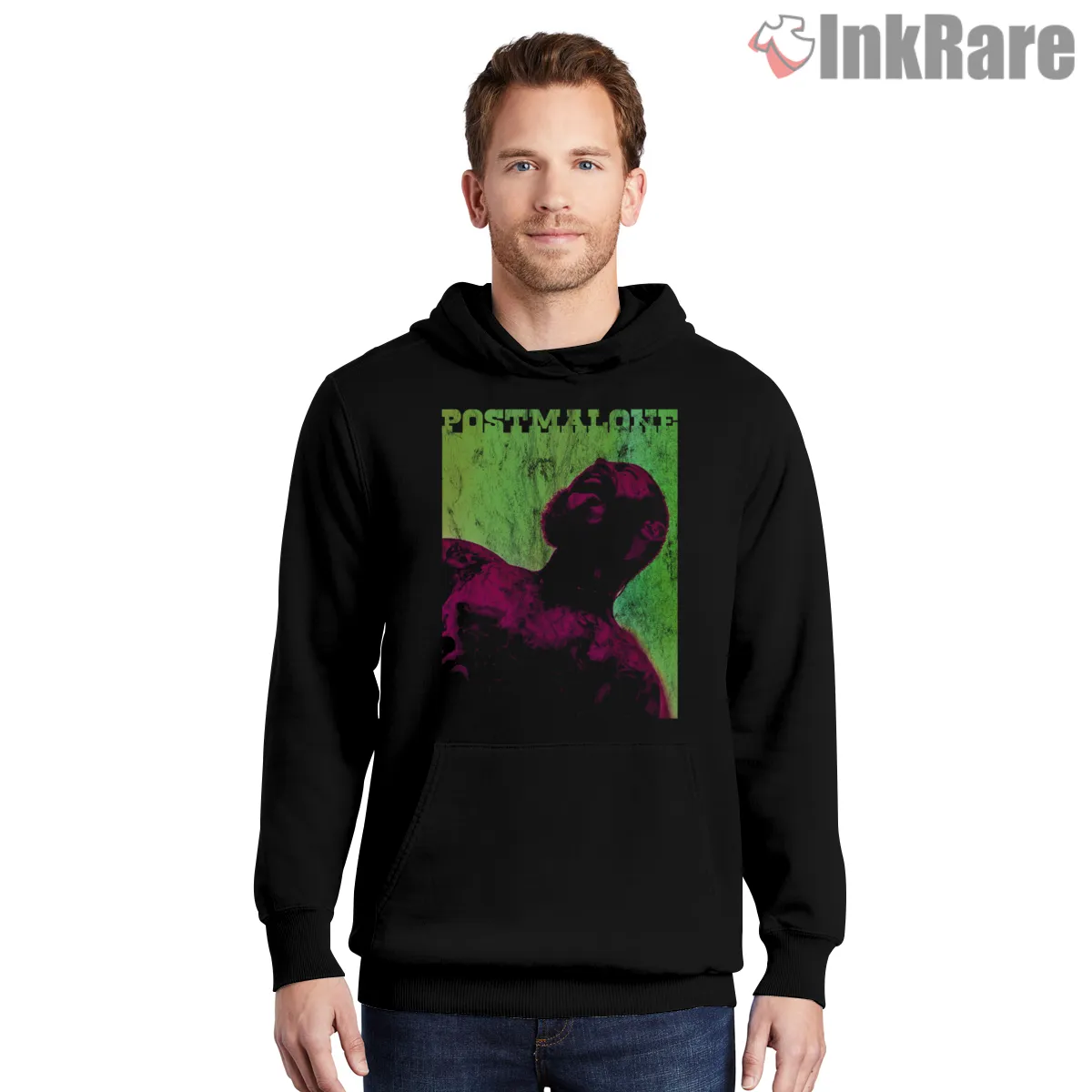 Post Malone Neon Halftone Distressed Poster Shirt on black hoodie for men graphic tee