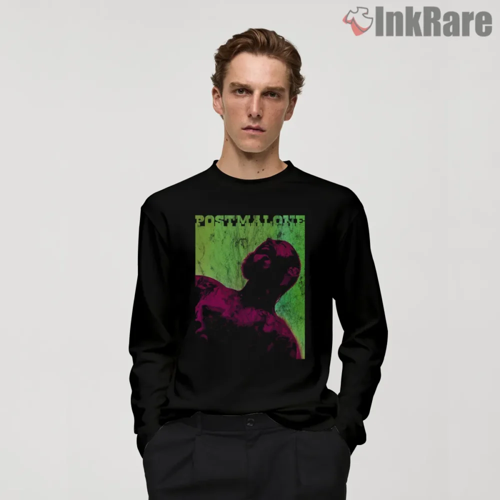 Post Malone Neon Halftone Distressed Poster Shirt on black long sleeve shirt for men graphic tee