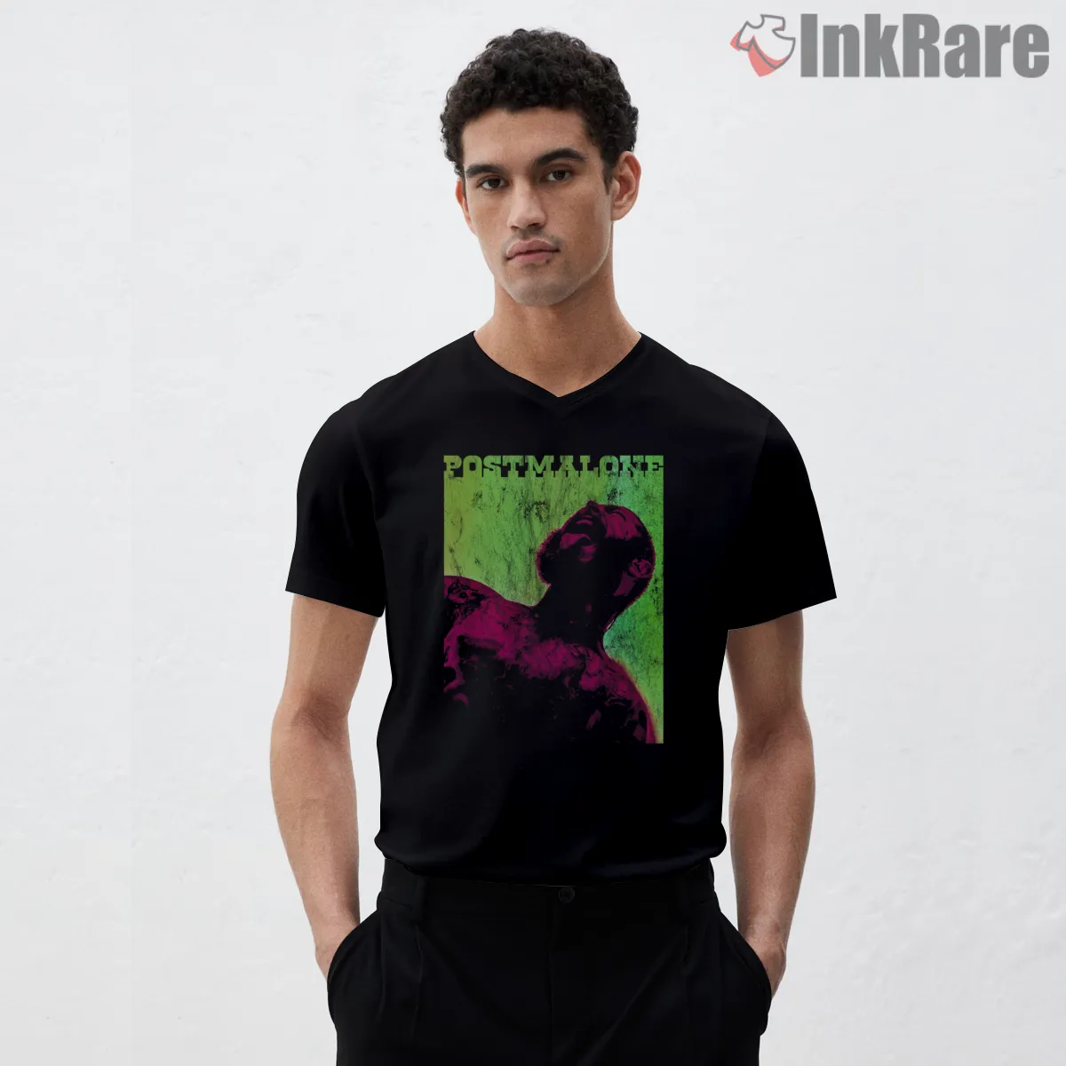 Post Malone Neon Halftone Distressed Poster V Neck Black Post Malone Neon Halftone Distressed Poster Shirt on black v-neck shirt for men graphic tee