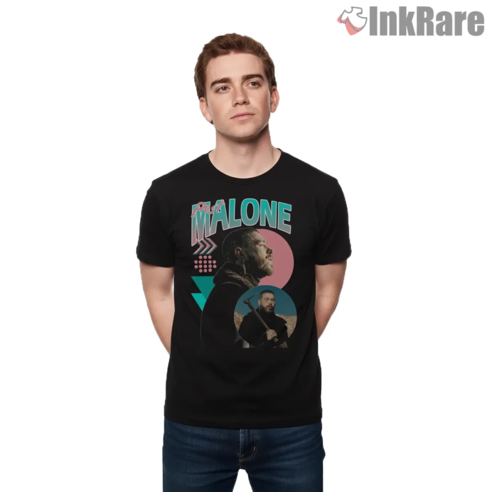 Post Malone Neon Shapes 80s Retro Profile Shirt on black short sleeve shirt for men graphic tee