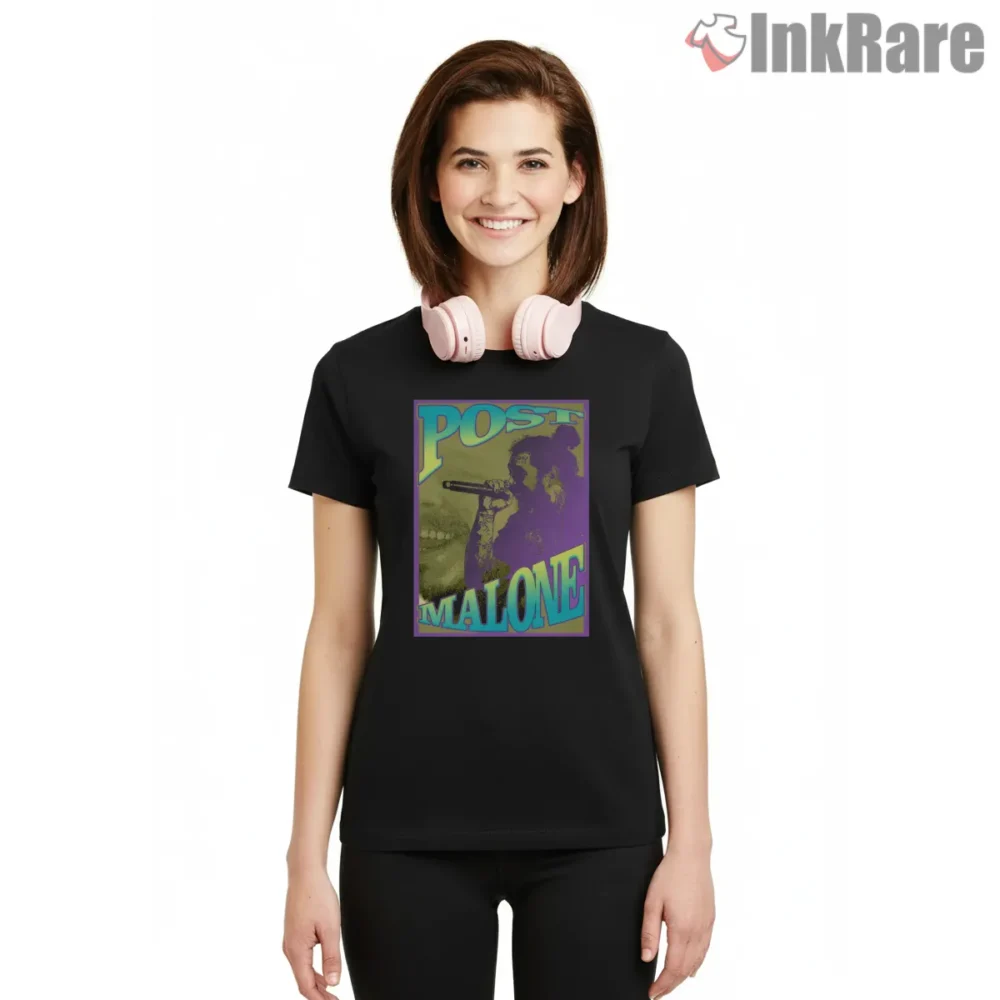 Post Malone Neon Stage Glow Portrait Shirt on black short sleeve shirt for women graphic tee
